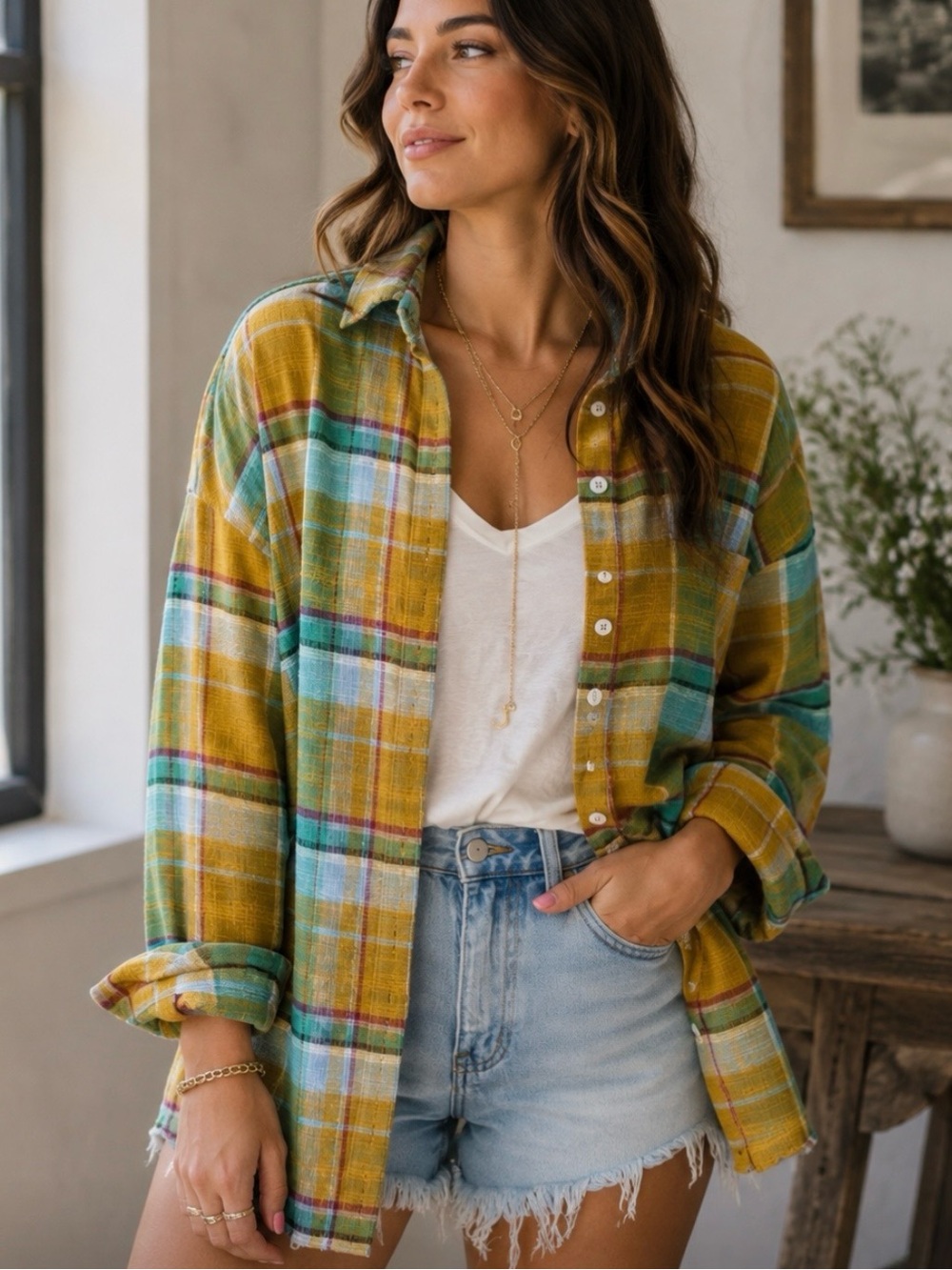 . Shop Hope's Green & Yellow Relaxed Plaid Raw Hem Button Down Shirt